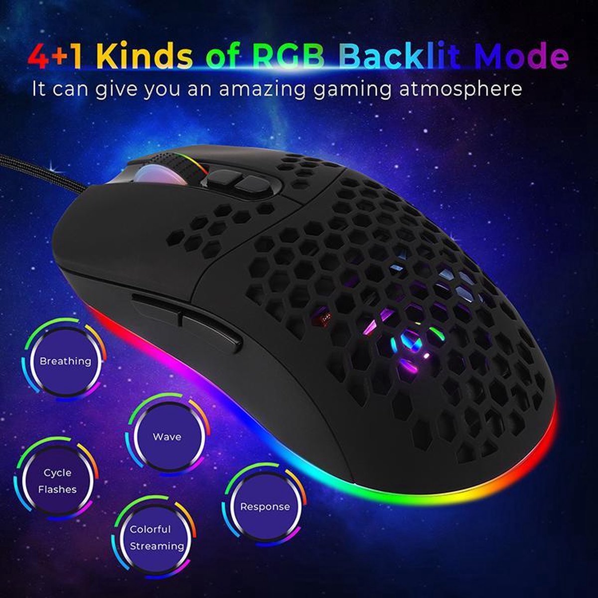 RGB gaming muis - 7200 DPI - 7 knoppen - USB-C - 1,8 meter kabel | TOJ