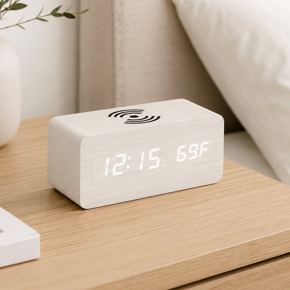 Stylish Wooden Digital Alarm Clock with Wireless Charging & Voice Activation