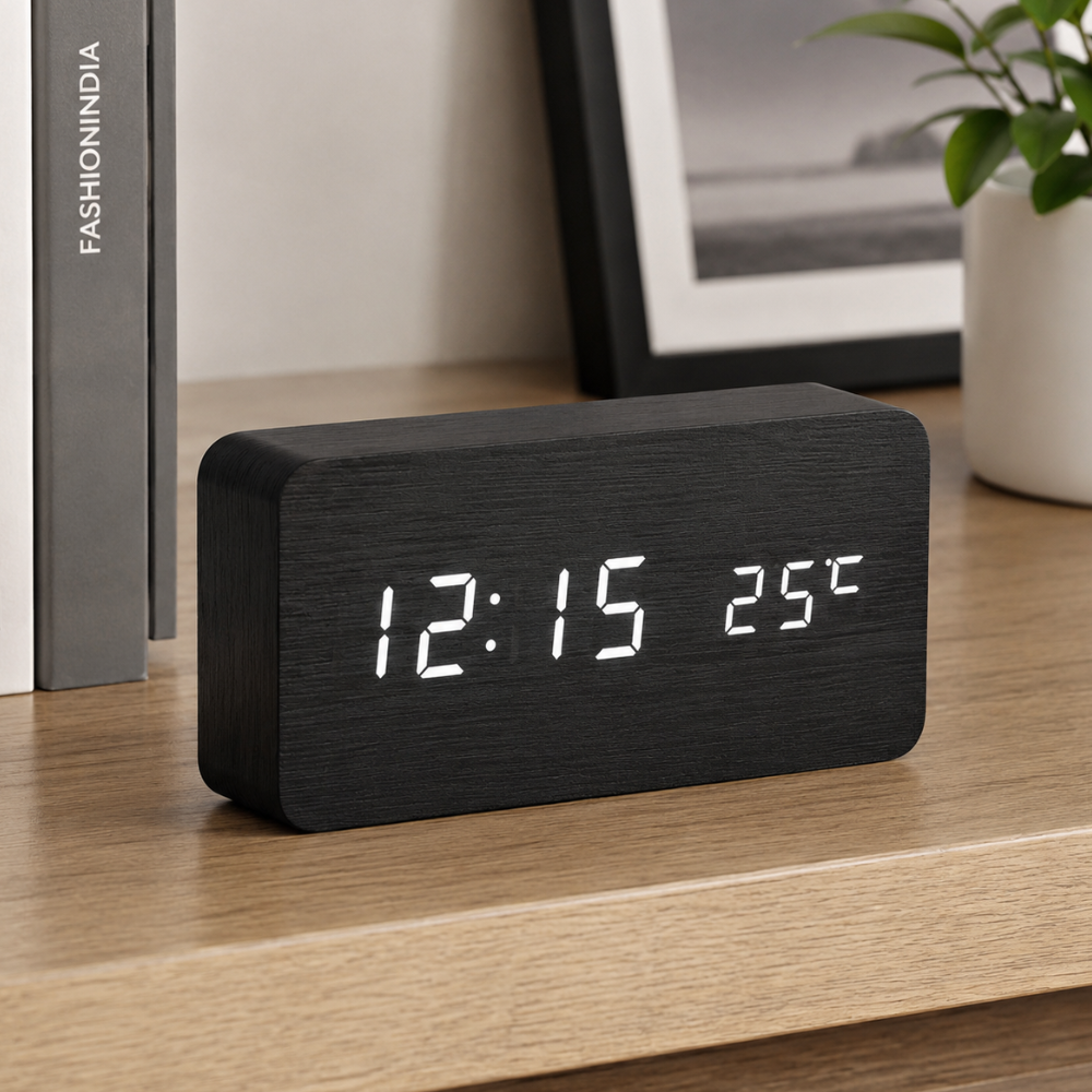 Natural Wood LED Digital Alarm Clock with Triple Alarm & Brightness Control