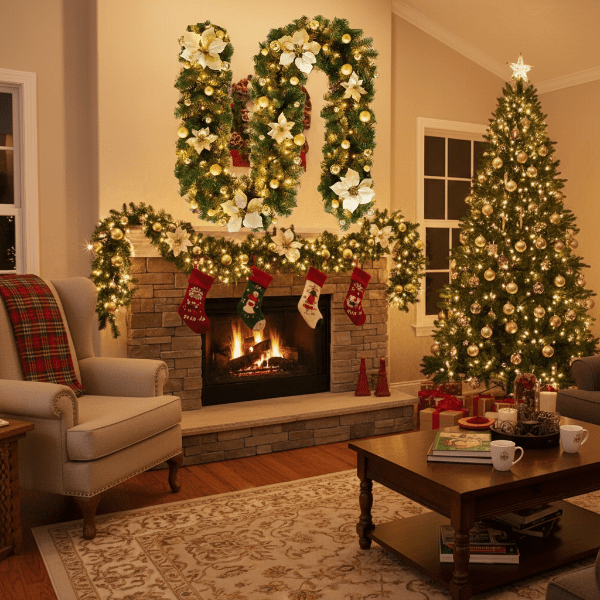 Illuminated Christmas garland made of rattan with warm-white LED lights, 2.7 m
