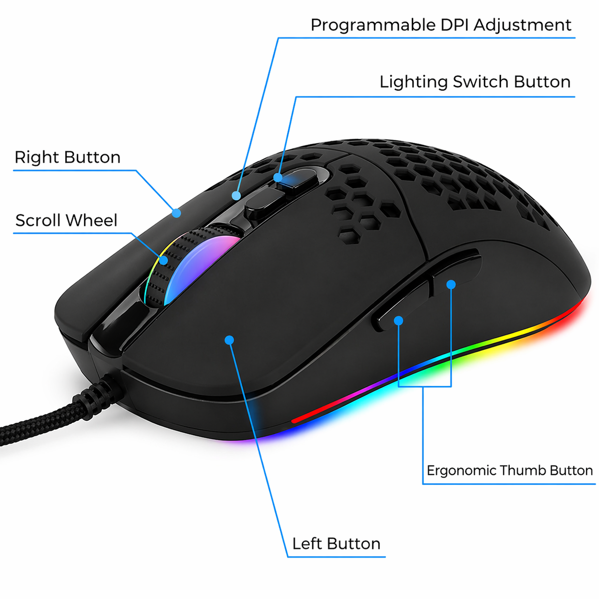 RGB gaming muis - 7200 DPI - 7 knoppen - USB-C - 1,8 meter kabel | TOJ