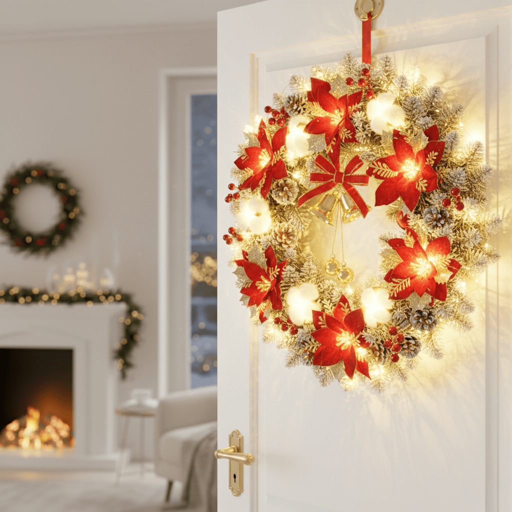 Classic LED Christmas wreath with bells and golden shimmer