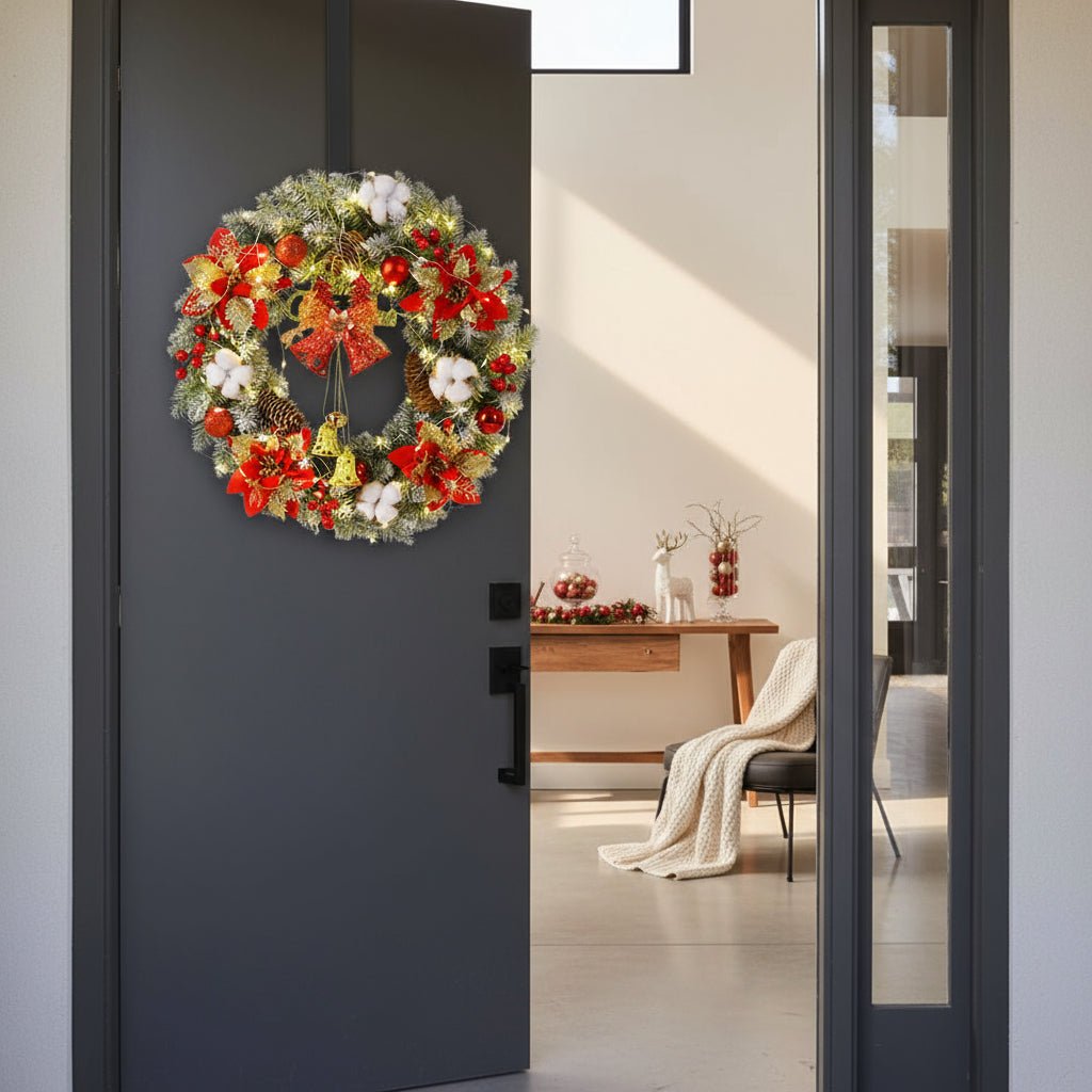 Classic LED Christmas wreath with bells and golden shimmer