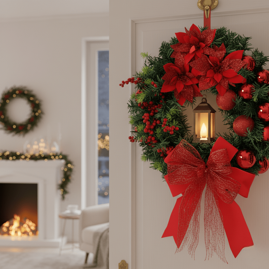 Wreath with lantern and ornaments for radiant Christmas charm