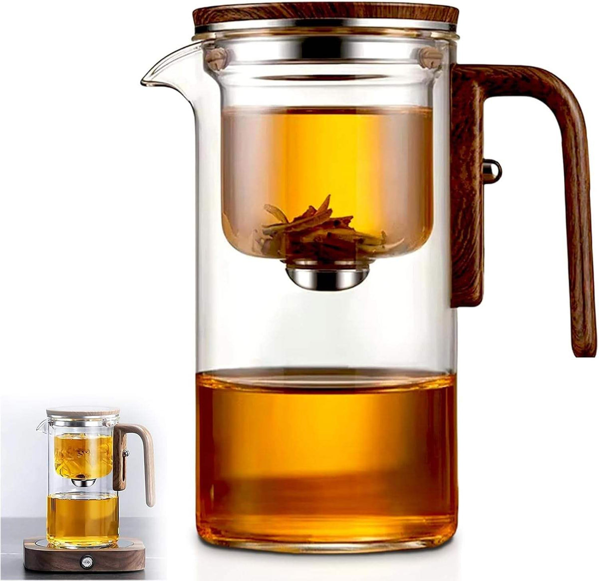 Borosilicaat Theekan Met Houten Handgreep En RVS Infuser