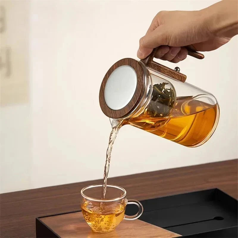 Borosilicaat Theekan Met Houten Handgreep En RVS Infuser