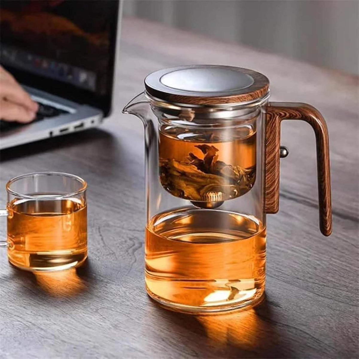 Borosilicaat Theekan Met Houten Handgreep En RVS Infuser