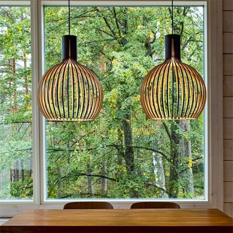 Ribbed Wooden Globe Pendant Light