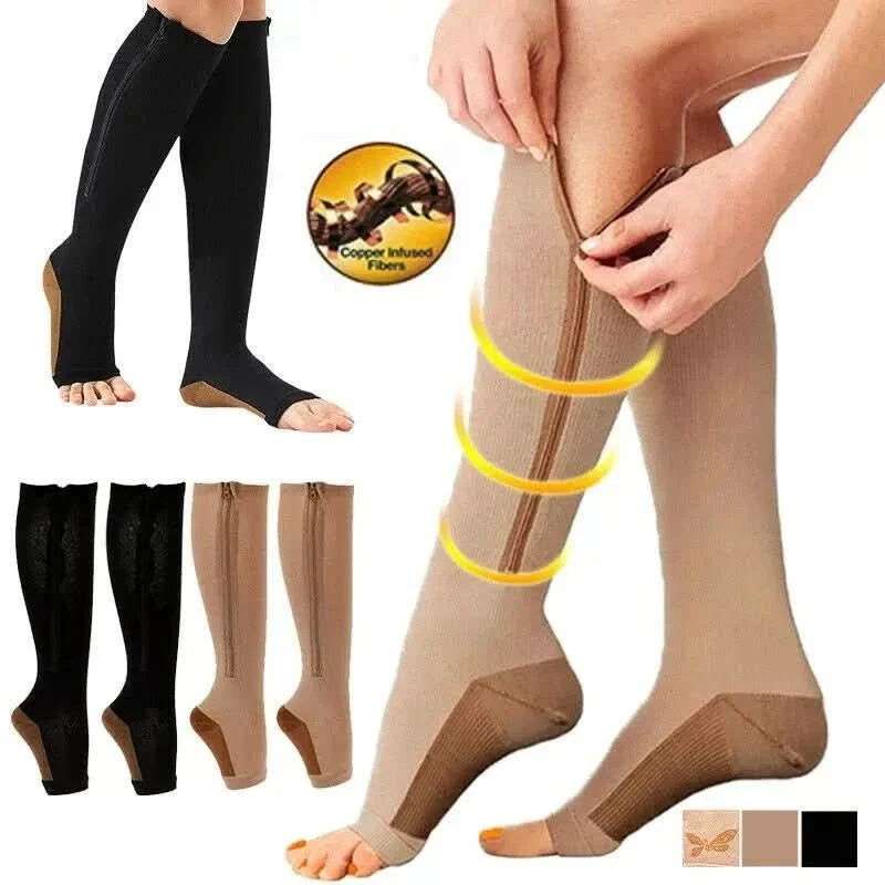 Zip-up compression socks for support and relief