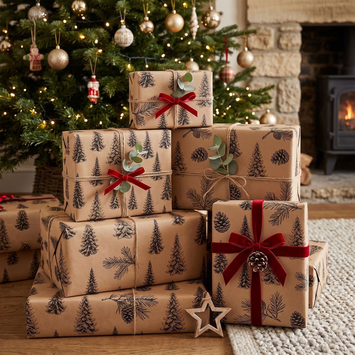Kerst Inpakpapier - Extra Lange Rol Kraftpapier met Natuurlijke Print