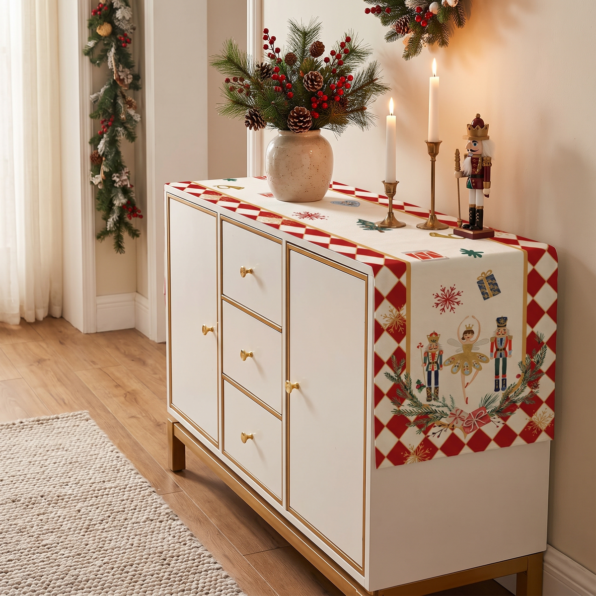 Notenkraker Tafelloper - Linnen Kerstloper met Harlekijnrand