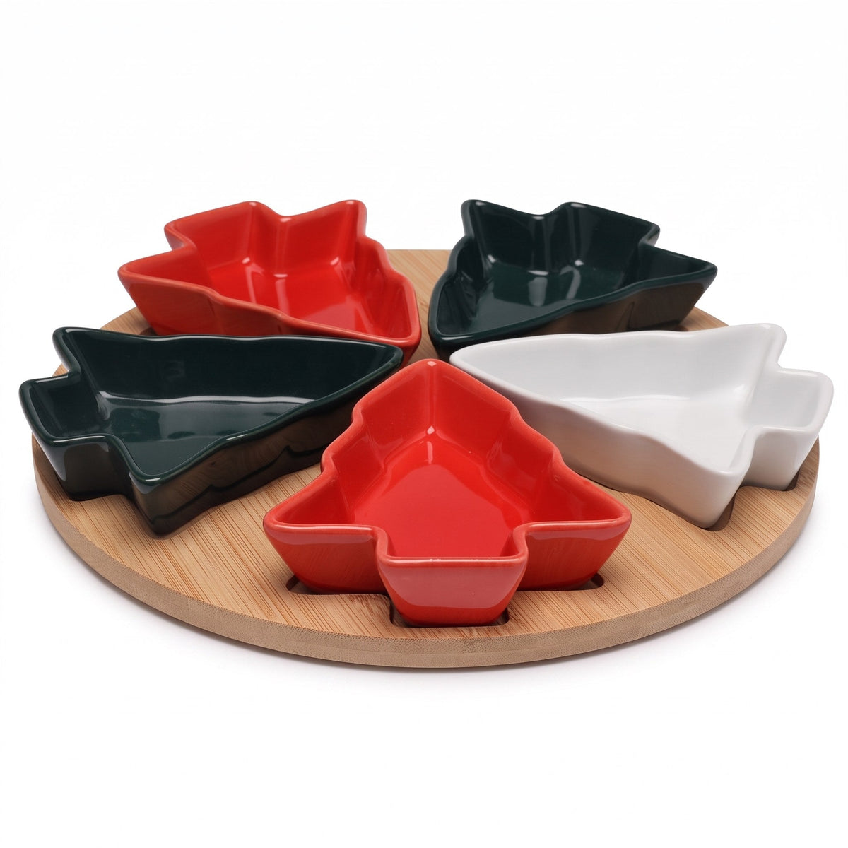 Tapasplank Kerst - Bamboe Serveerplank met 5 Kerstboom Bordjes