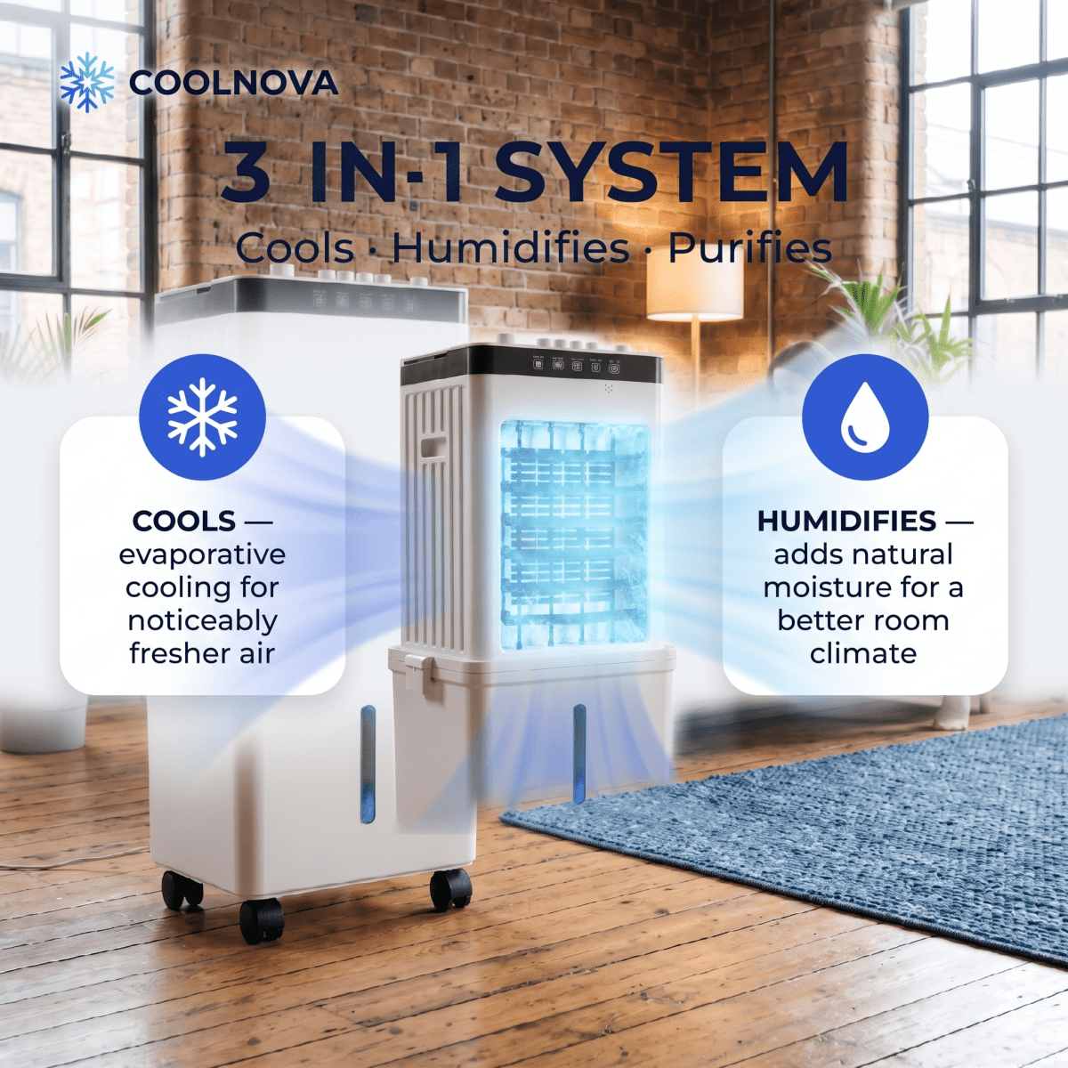 COOLNOVA PRO – Premium Mobile Air Conditioner without Exhaust Hose – 3-in-1 Turbo Air Cooler with Ice Packs