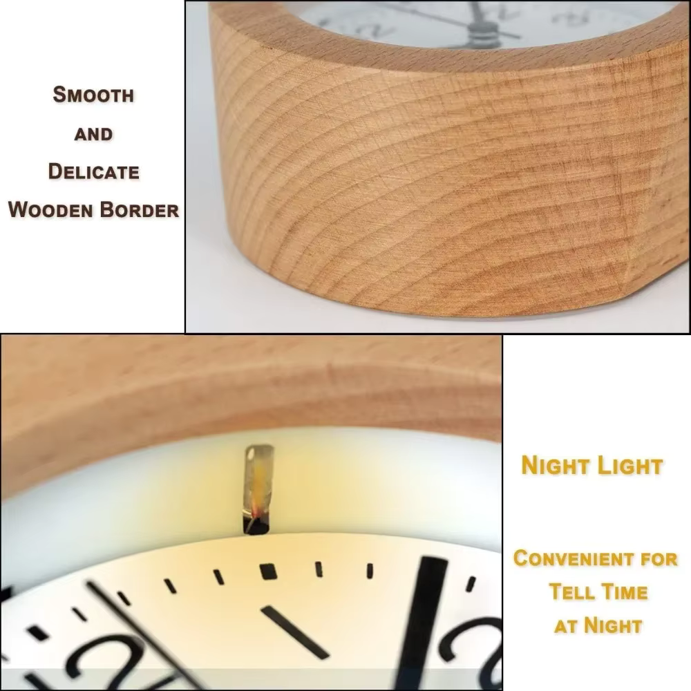 Elegant Wooden Analog Alarm Clock with Silent Quartz Movement