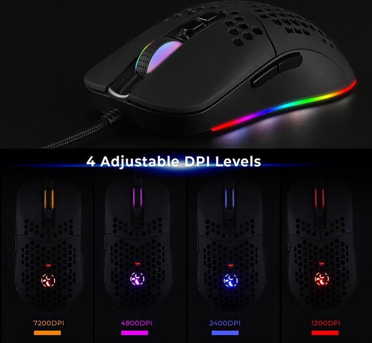 RGB gaming muis - 7200 DPI - 7 knoppen - USB-C - 1,8 meter kabel | TOJ