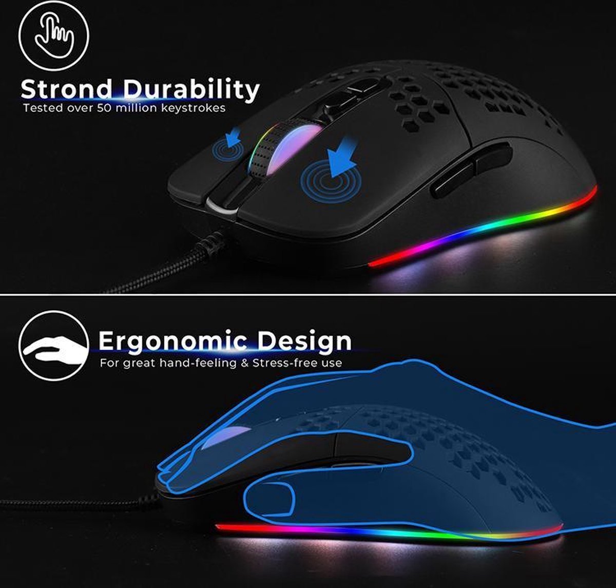 RGB gaming muis - 7200 DPI - 7 knoppen - USB-C - 1,8 meter kabel | TOJ