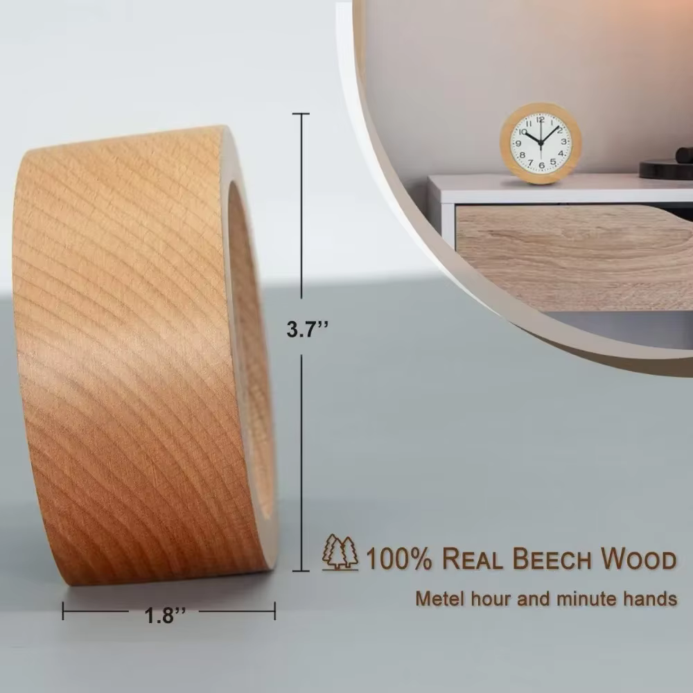 Elegant Wooden Analog Alarm Clock with Silent Quartz Movement