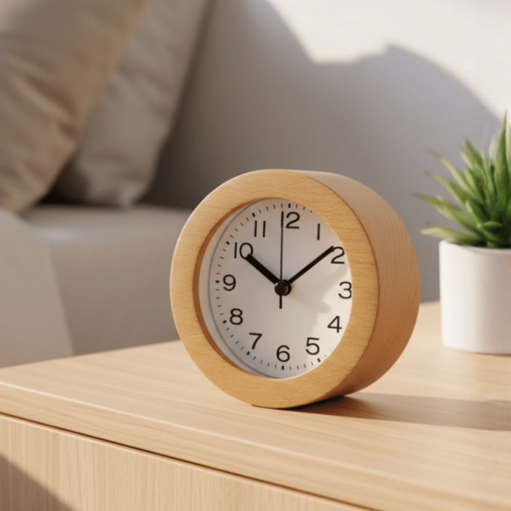 Elegant Wooden Analog Alarm Clock with Silent Quartz Movement