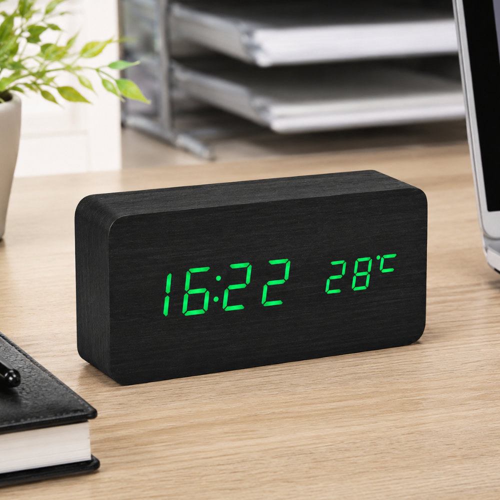 Natural Wood LED Digital Alarm Clock with Triple Alarm & Brightness Control