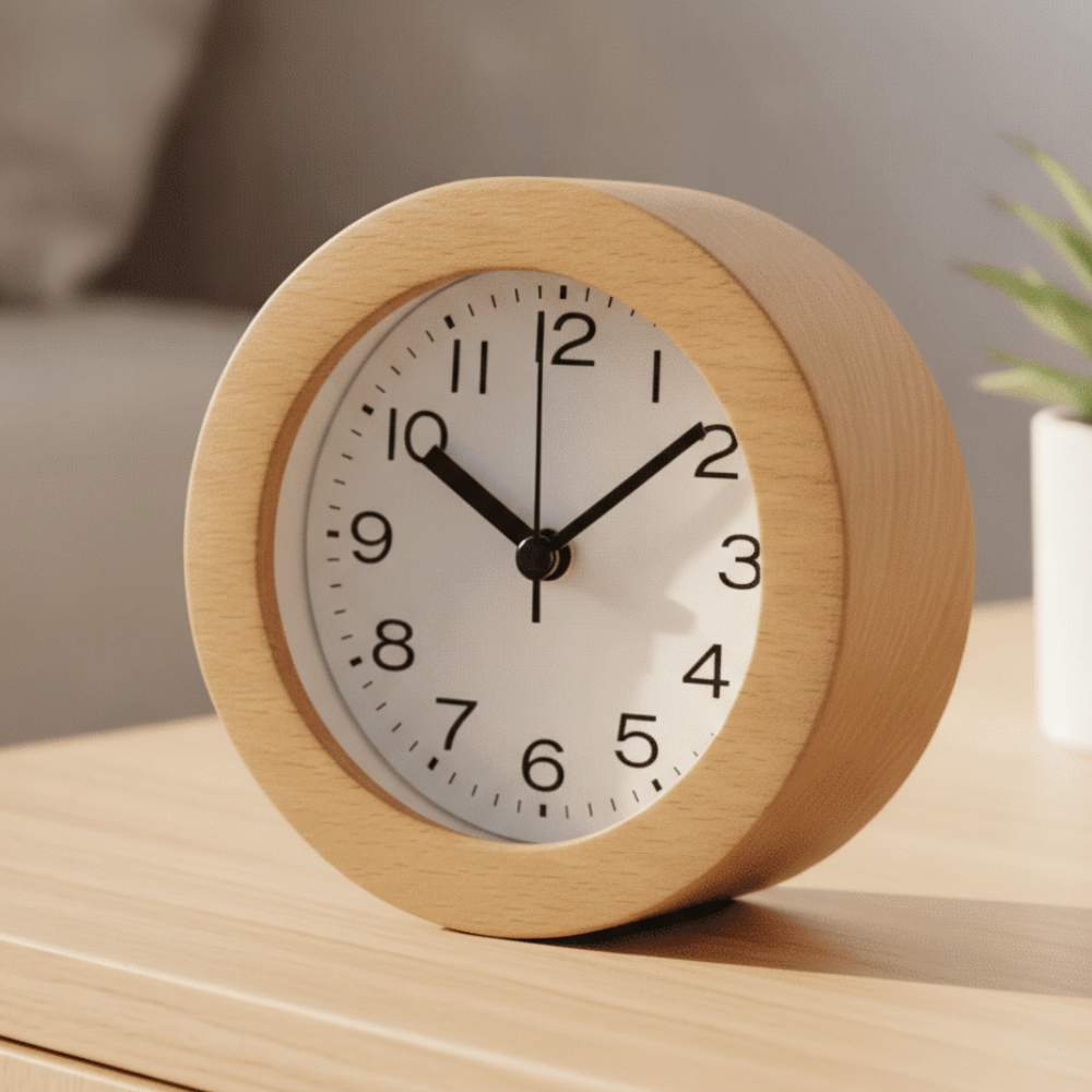 Elegant Wooden Analog Alarm Clock with Silent Quartz Movement