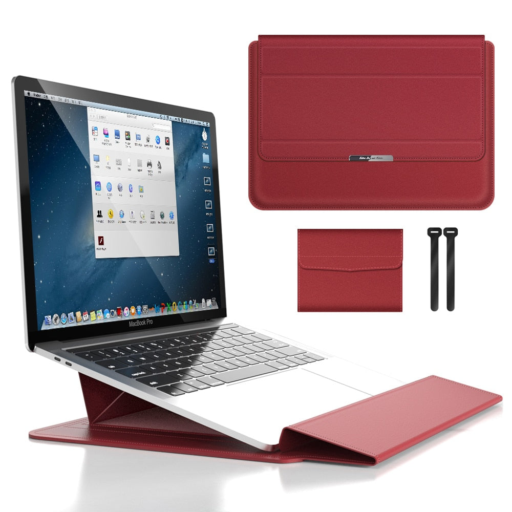 PU Leather Laptop Sleeve with Fold-Out Stand and Storage