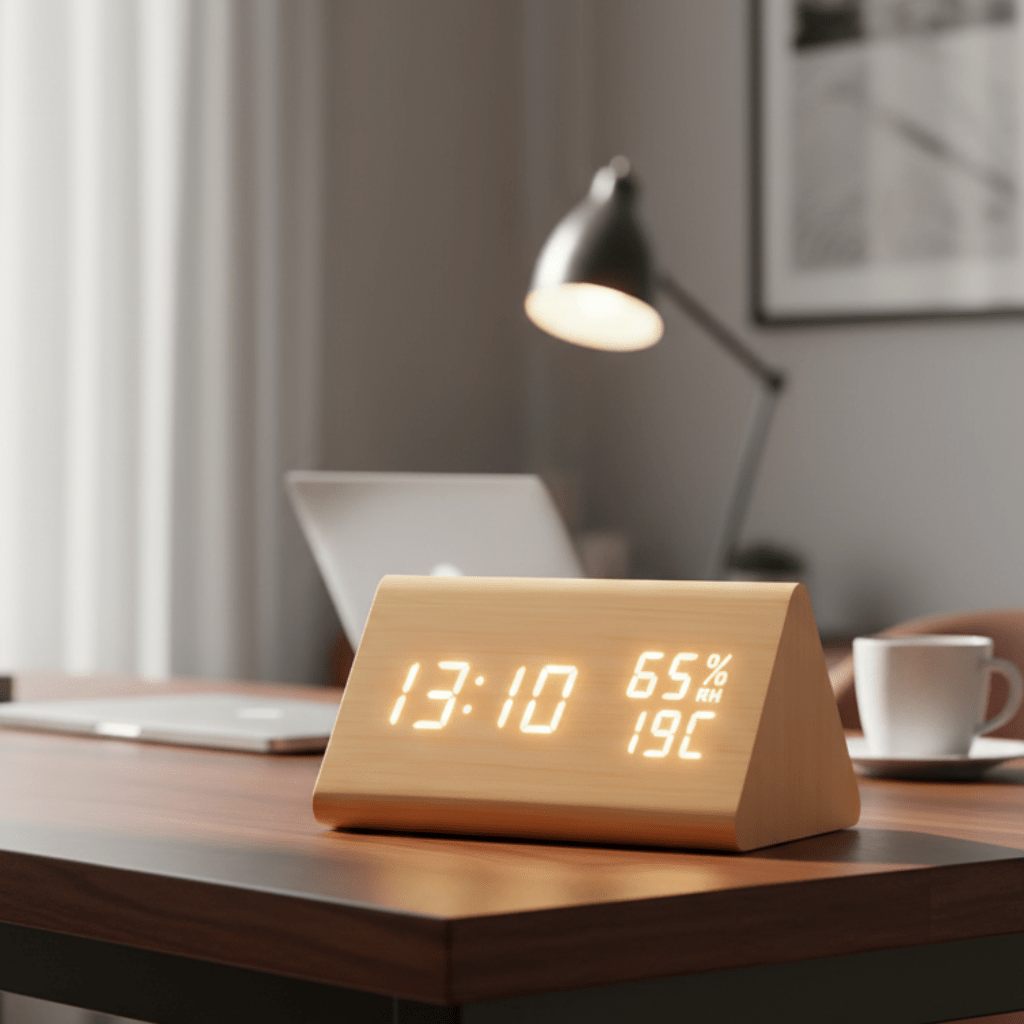 ECOCLOCK – Minimalist Digital Wooden Clock with Temperature Display & Light Control