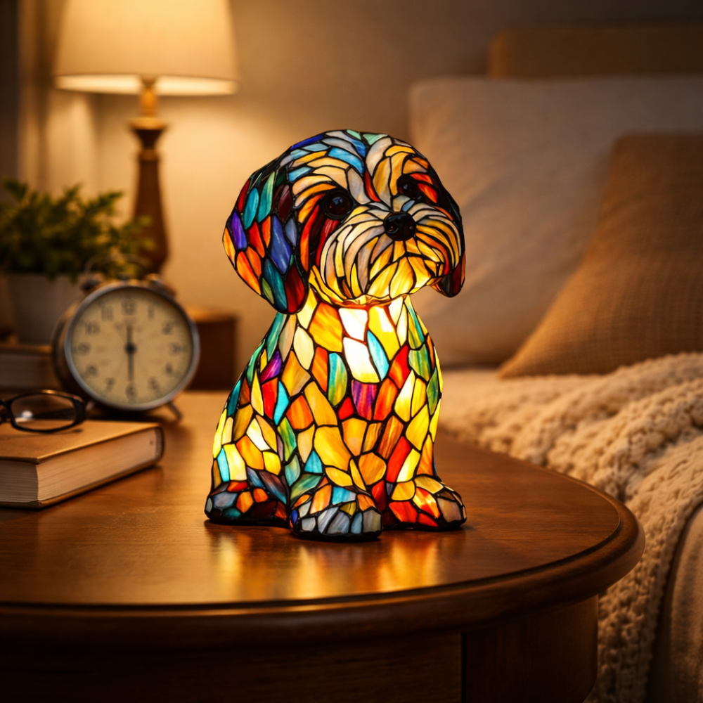 Table Lamp Dog LED Night Light Stained Glass Style Bedroom