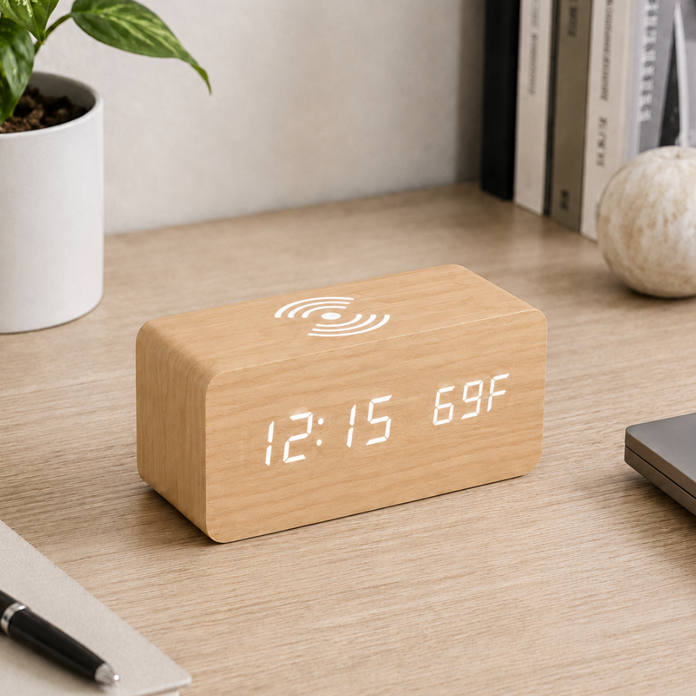 Stylish Wooden Digital Alarm Clock with Wireless Charging & Voice Activation