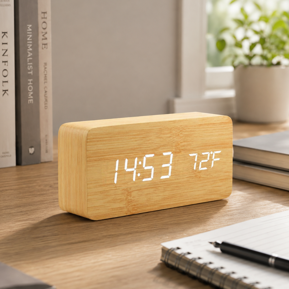 Natural Wood LED Digital Alarm Clock with Triple Alarm & Brightness Control