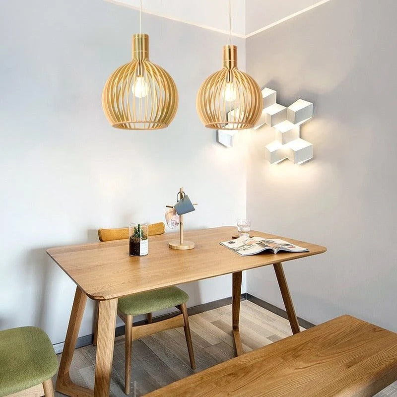 Ribbed Wooden Globe Pendant Light