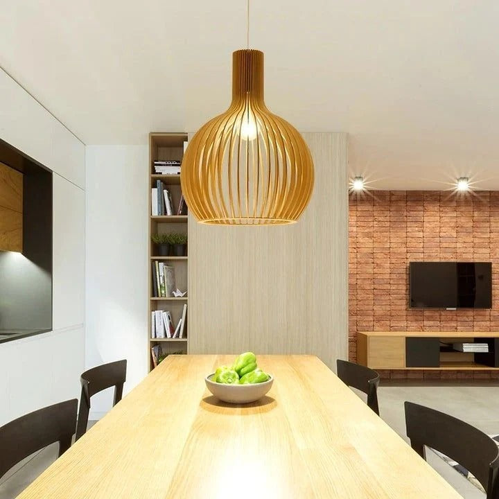 Ribbed Wooden Globe Pendant Light