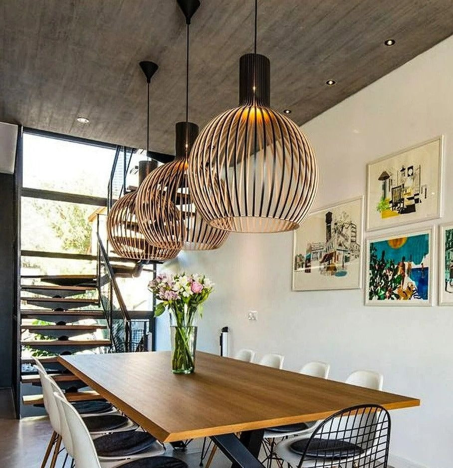 Ribbed Wooden Globe Pendant Light