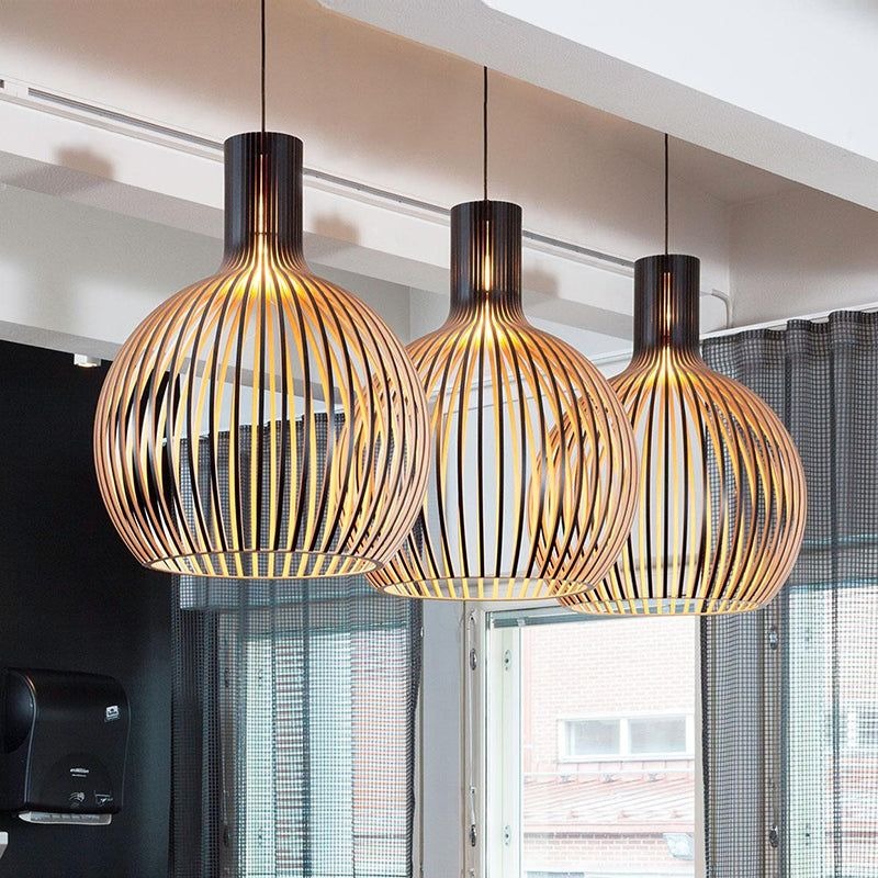 Ribbed Wooden Globe Pendant Light