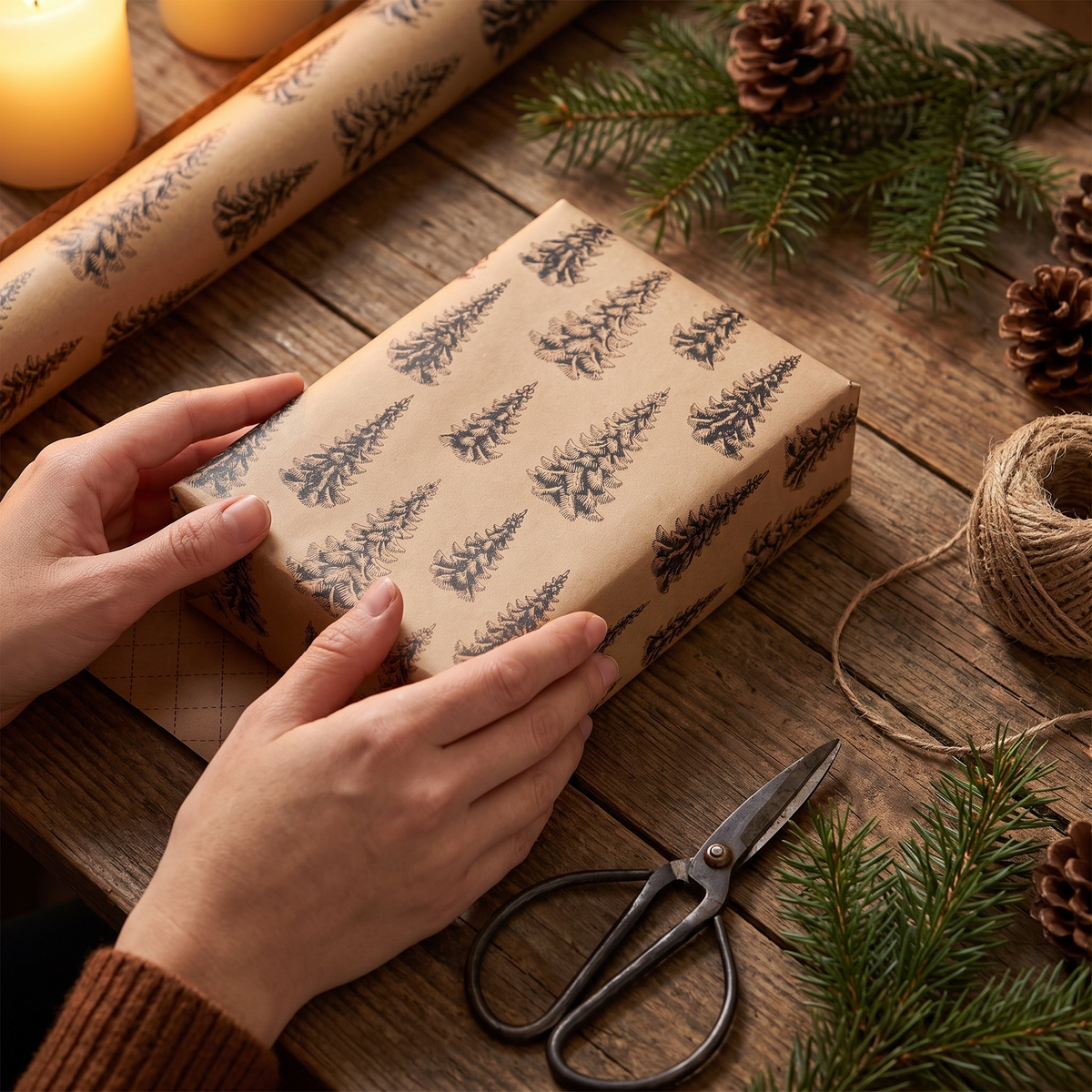 Kerst Inpakpapier - Extra Lange Rol Kraftpapier met Natuurlijke Print