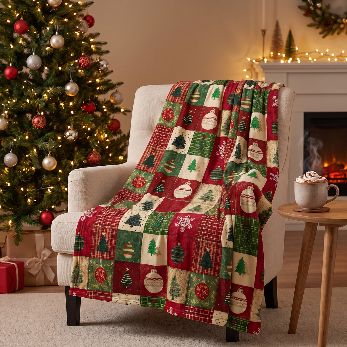 Kerst Plaid - Zachte Flanellen Deken met Rood-Groene Patchwork Print