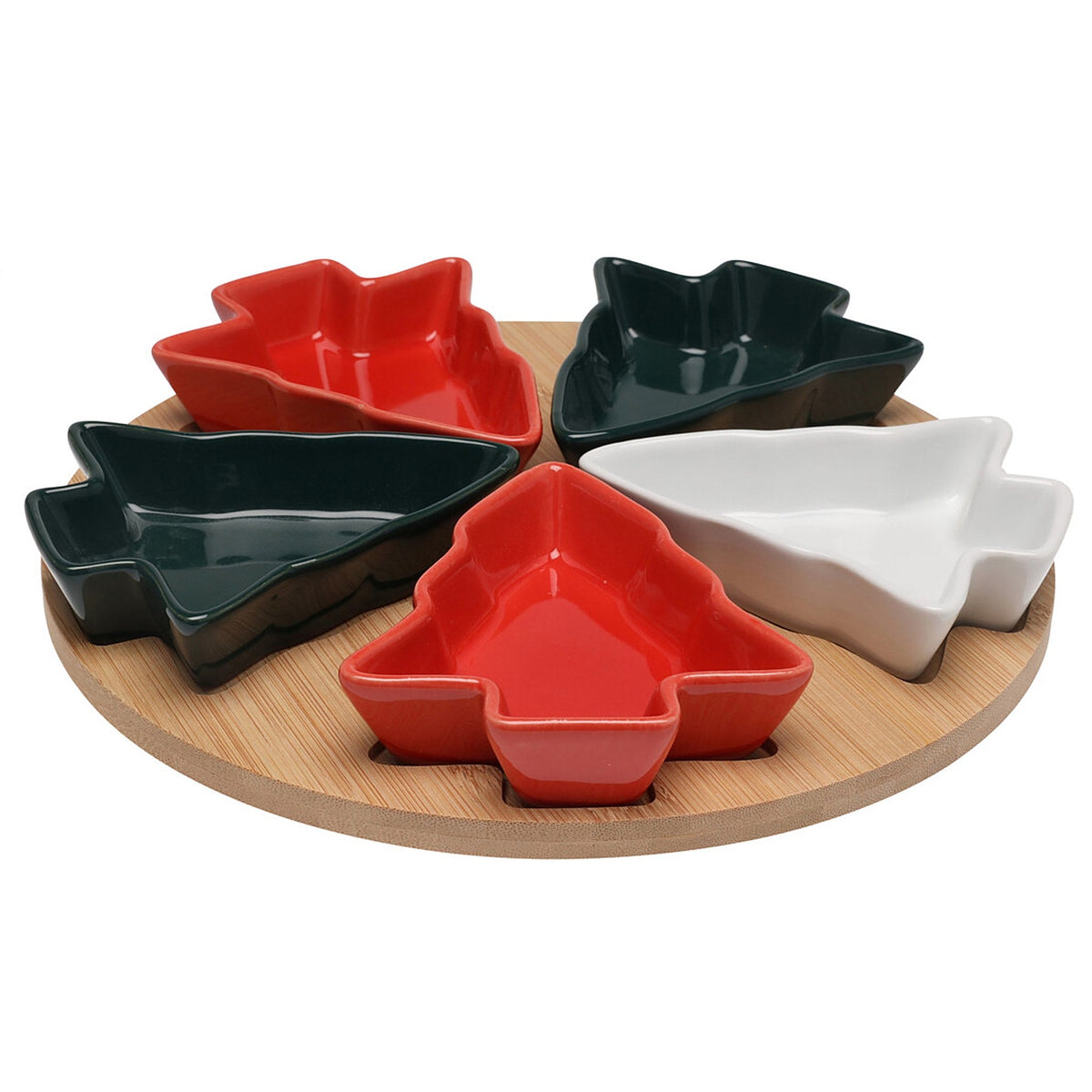 Tapasplank Kerst - Bamboe Serveerplank met 5 Kerstboom Bordjes