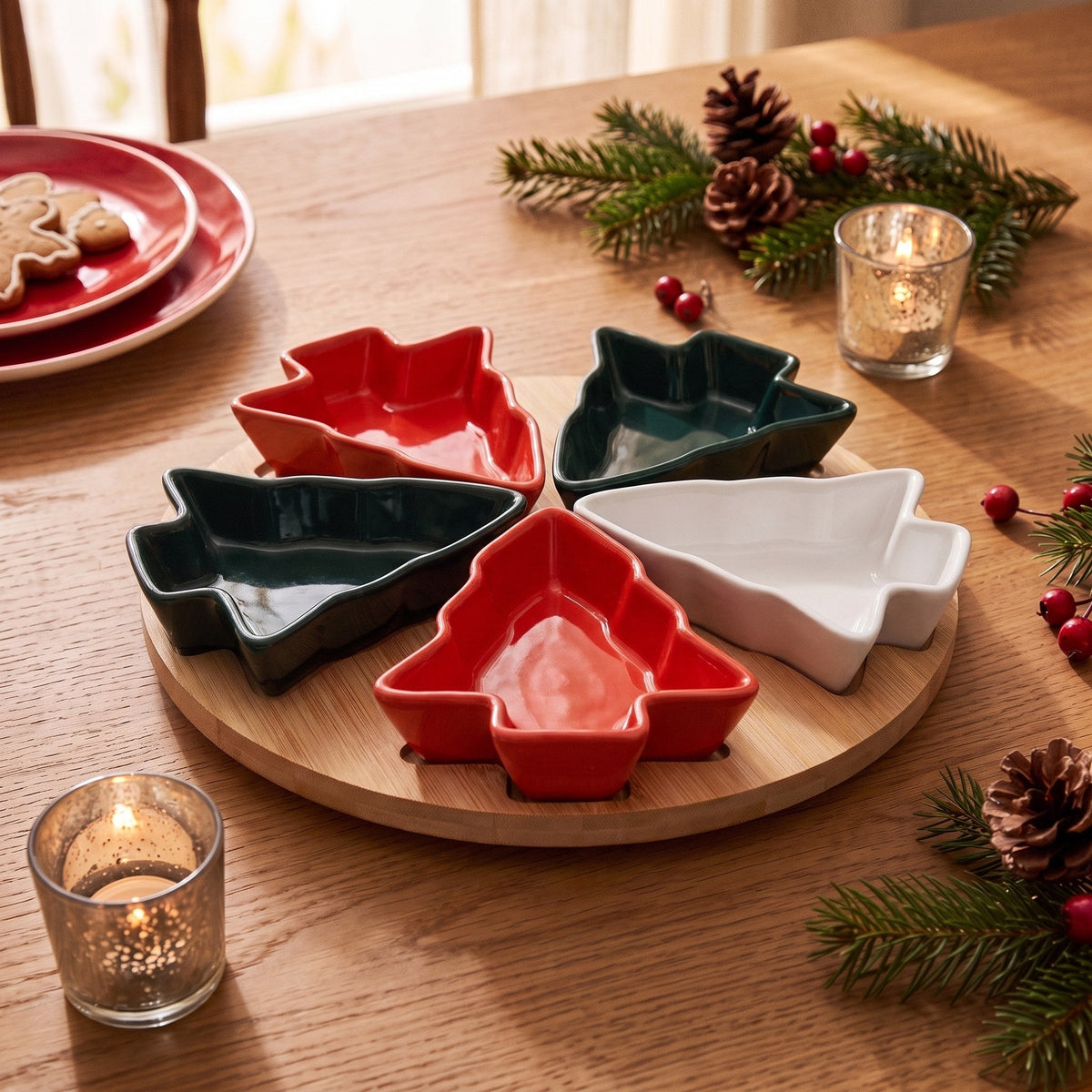 Tapasplank Kerst - Bamboe Serveerplank met 5 Kerstboom Bordjes